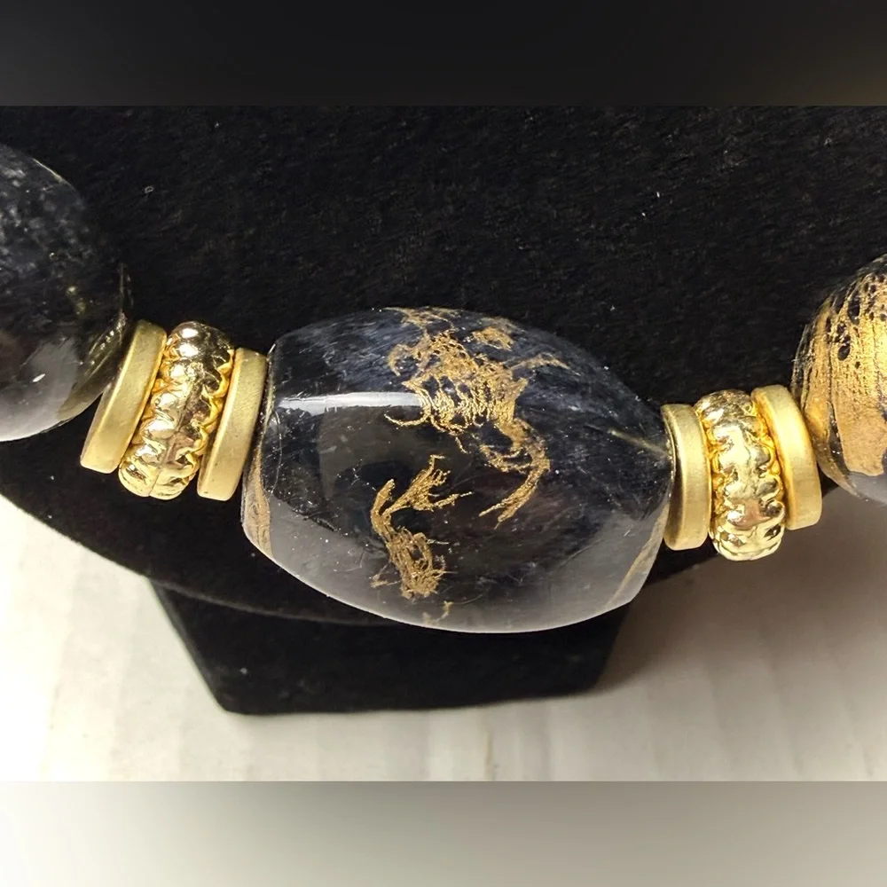 Vintage Black & Gold Splatter Beaded Necklace Jewelry MCM Mid Century Modern 80s